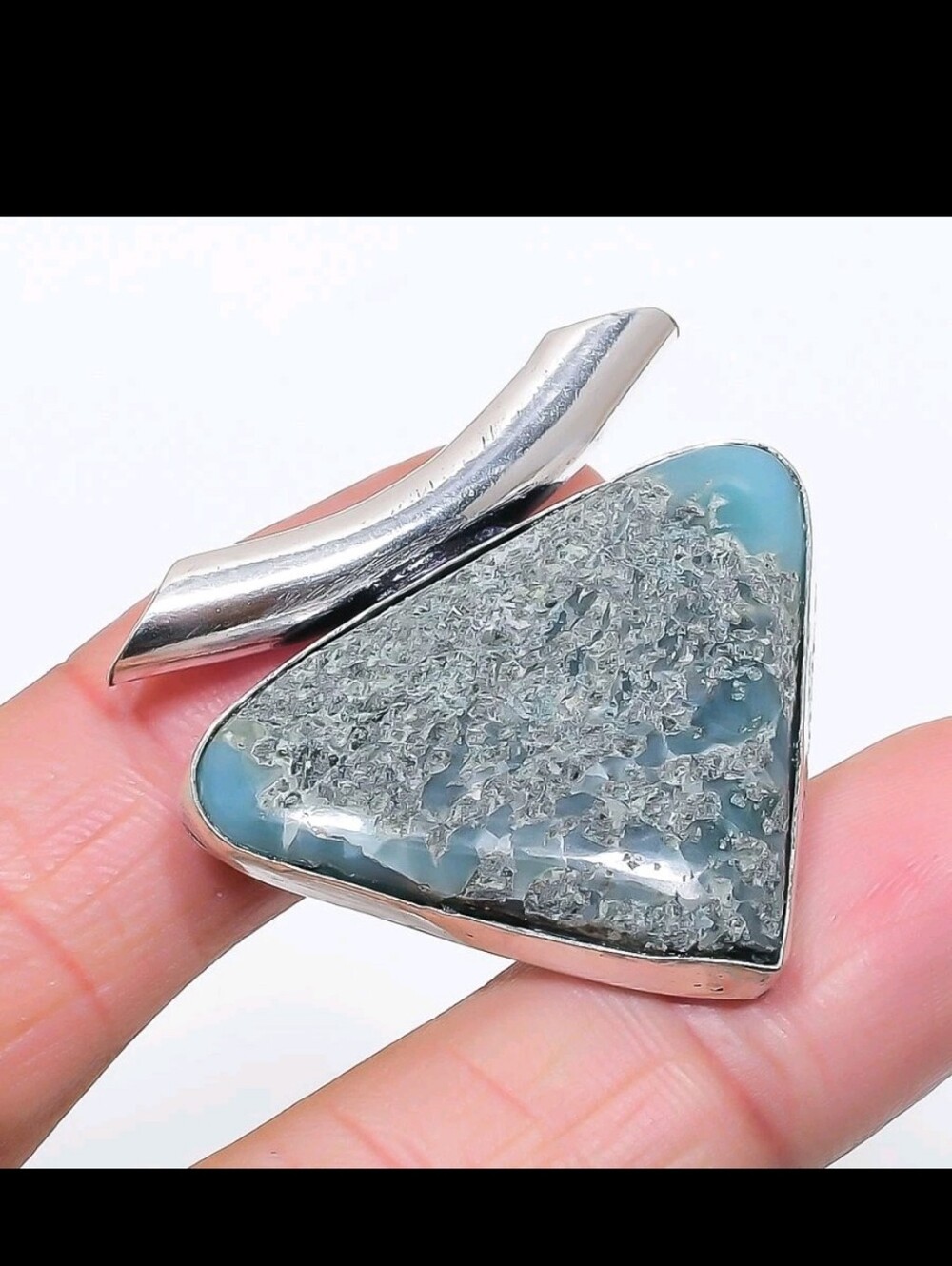 NATURAL LARIMAR Silver 925 and Green Blue Triangular Stone SLIDE Pendant